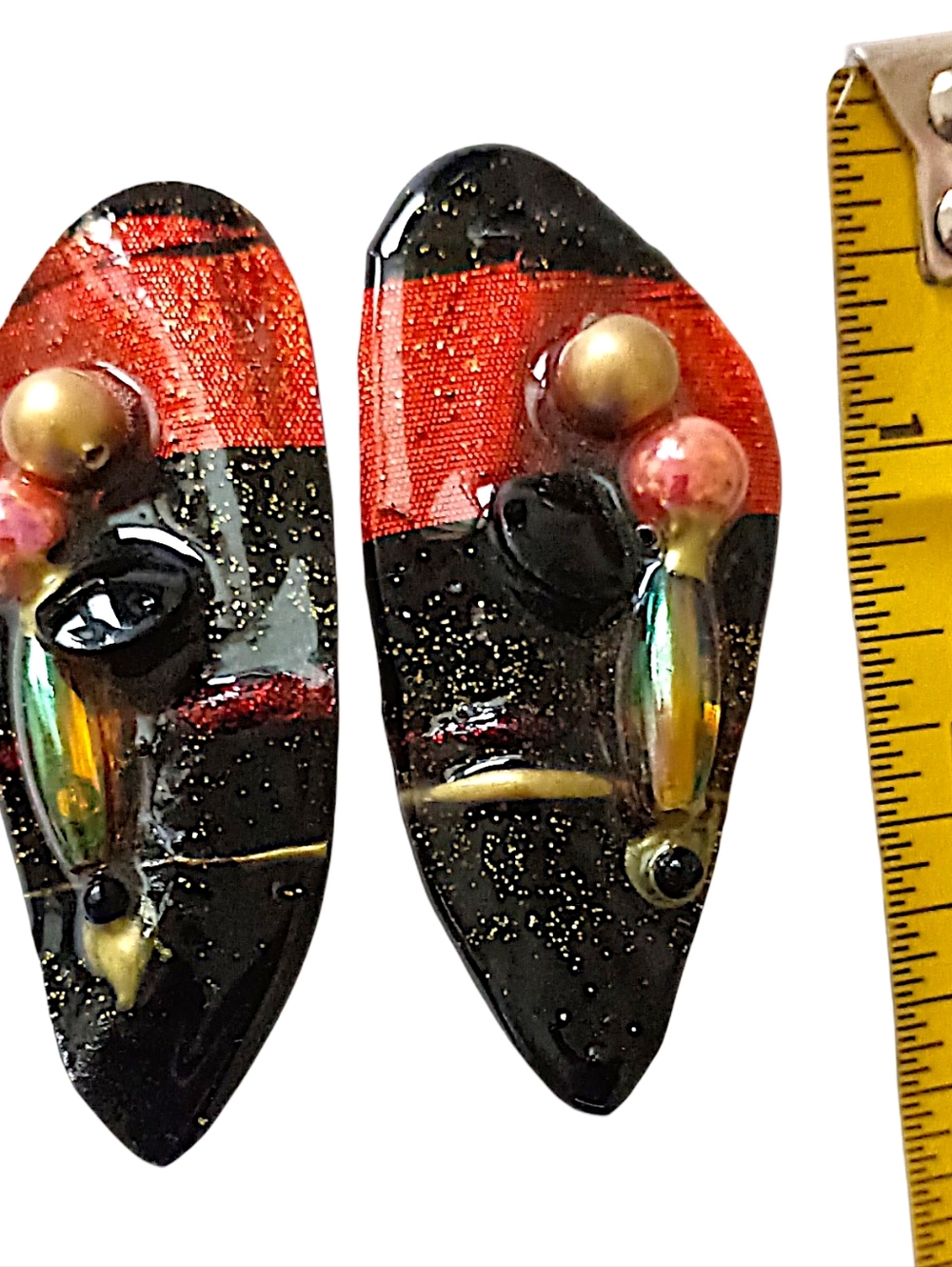 Vtg Enameled Paper Mache Earrings Mixed Media Artisan 80s Clip On‎ Lightweight